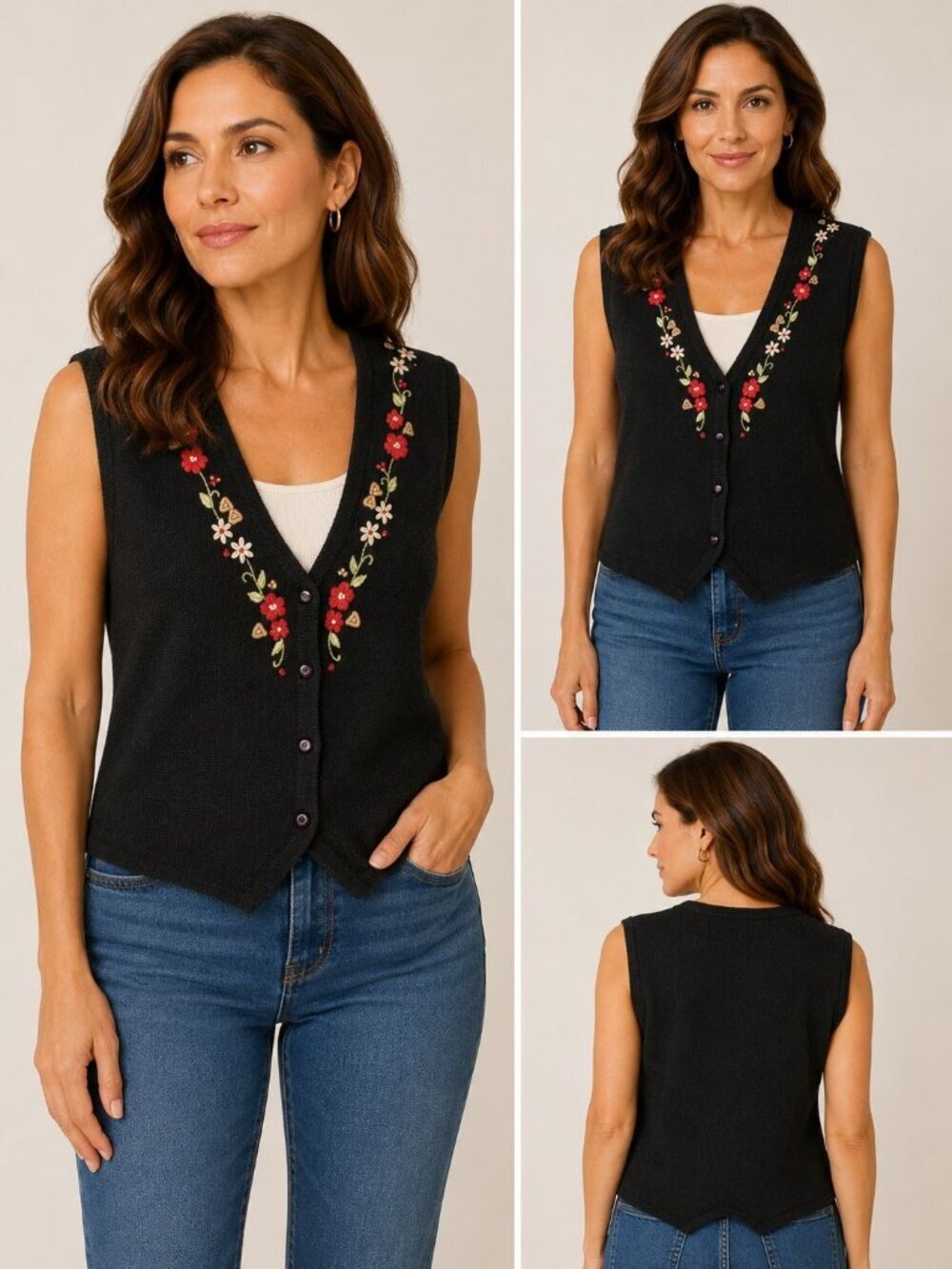 Leslie Fay Vtg Knit Vest With Embroidered Floral & Button  Womens Black Large